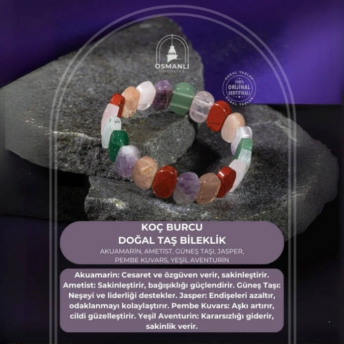 Koç Burcu Bileklik Akuamarin, Ametist, Güneş Taşı, Jasper, Pembe Kuvars, Yeşil Aventurin