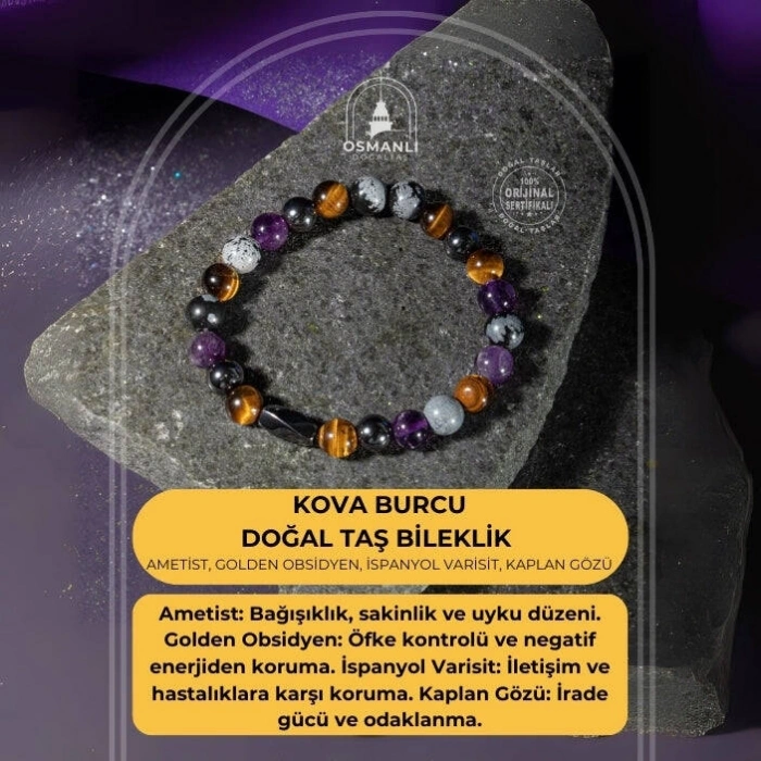 Kova Burcu Bileklik Ametist, Golden Obsidyen, İspanyol Varisit, Kaplan Gözü