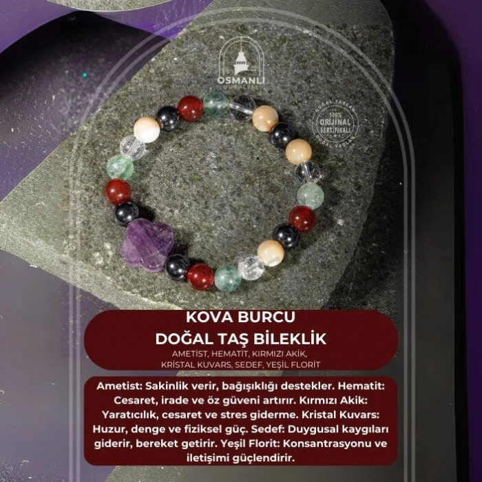 Kova Burcu Bileklik Ametist, Hematit, Kırmızı Akik, Kristal Kuvars, Sedef, Yeşil Florit