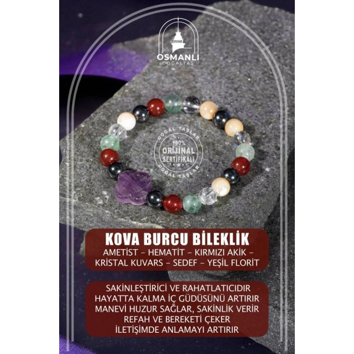 Kova Burcu Bileklik Ametist, Hematit, Kırmızı Akik, Kristal Kuvars, Sedef, Yeşil Florit