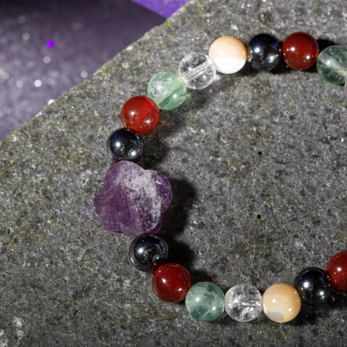 Kova Burcu Bileklik Ametist, Hematit, Kırmızı Akik, Kristal Kuvars, Sedef, Yeşil Florit