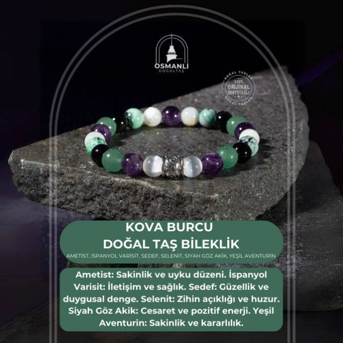 Kova Burcu Bileklik Ametist, İspanyol Varisit, Sedef, Selenit, Siyah Göz Akik, Yeşil Aventurin