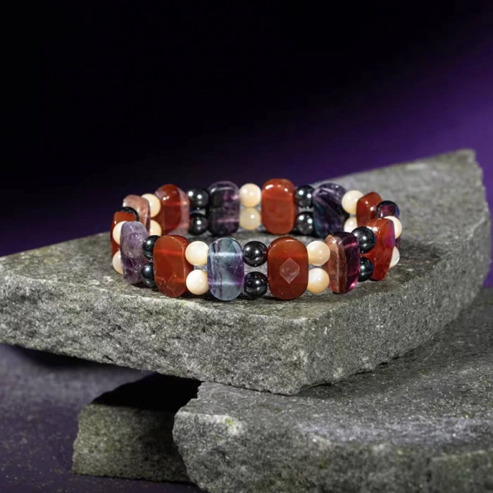 Kova Burcu Bileklik Hematit, Kırmızı Akik, Sedef, Mor Florit