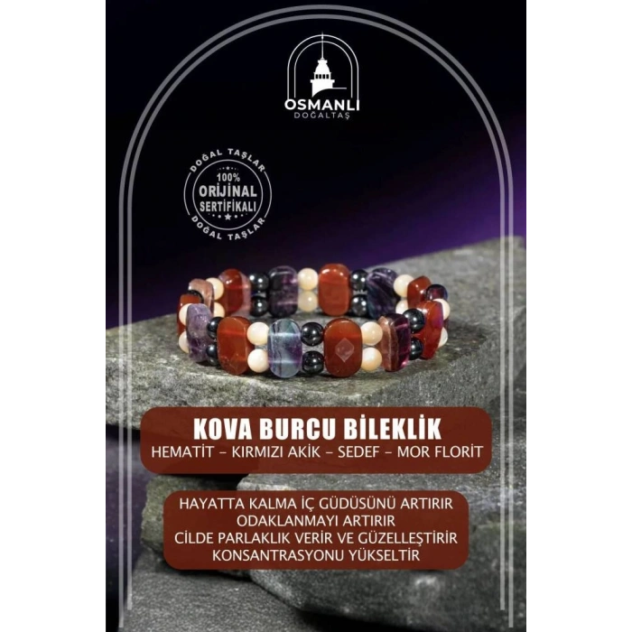 Kova Burcu Bileklik Hematit, Kırmızı Akik, Sedef, Mor Florit