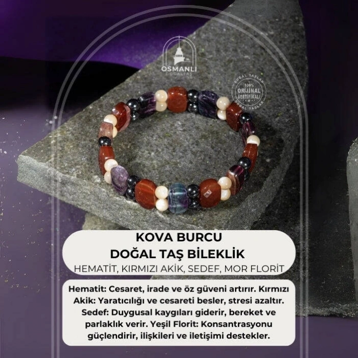 Kova Burcu Bileklik Hematit, Kırmızı Akik, Sedef, Mor Florit