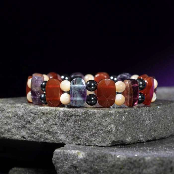Kova Burcu Bileklik Hematit, Kırmızı Akik, Sedef, Mor Florit