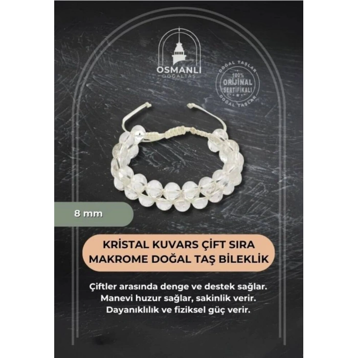 Kristal Kuvars 8mm Çift Sıra Makrome Doğal Taş Bileklik