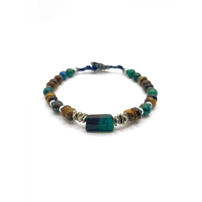 Krizokol-Kaplan Gözü-Azurit Malakit-Hematit Doğal Taş Gümüş Erkek Bileklik