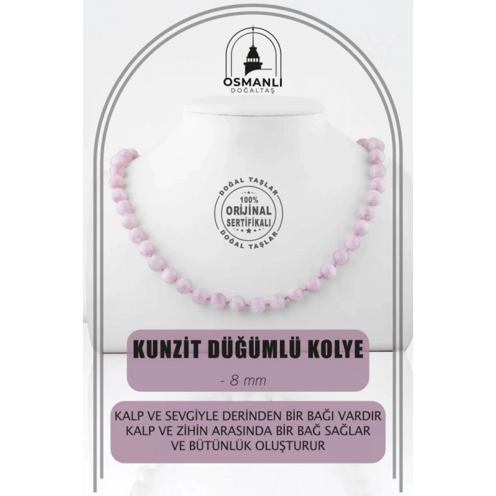 Kunzit 8 mm Düğümlü Doğal Taş Kolye