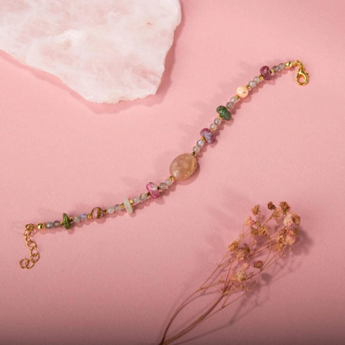 Labradorit-Renkli Turmalin-Güneş Taşı-Pembe Opal Doğal Taş Bileklik