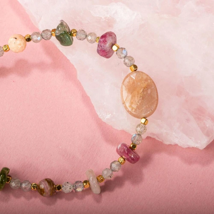 Labradorit-Renkli Turmalin-Güneş Taşı-Pembe Opal Doğal Taş Bileklik