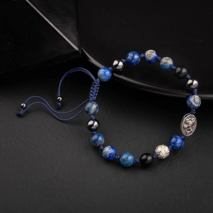 Lapis Lazuli Doğal Taş Tasarım Gümüş Bileklik- 20-21cm