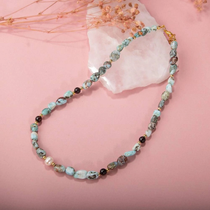 Larimar-Lal-Hematit-İnci-Ay Taşı Altın Kaplama Doğal Taş Kolye