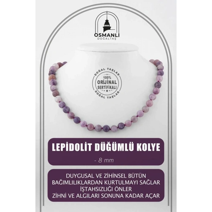 Lepidolit 8 mm Düğümlü Doğal Taş Kolye