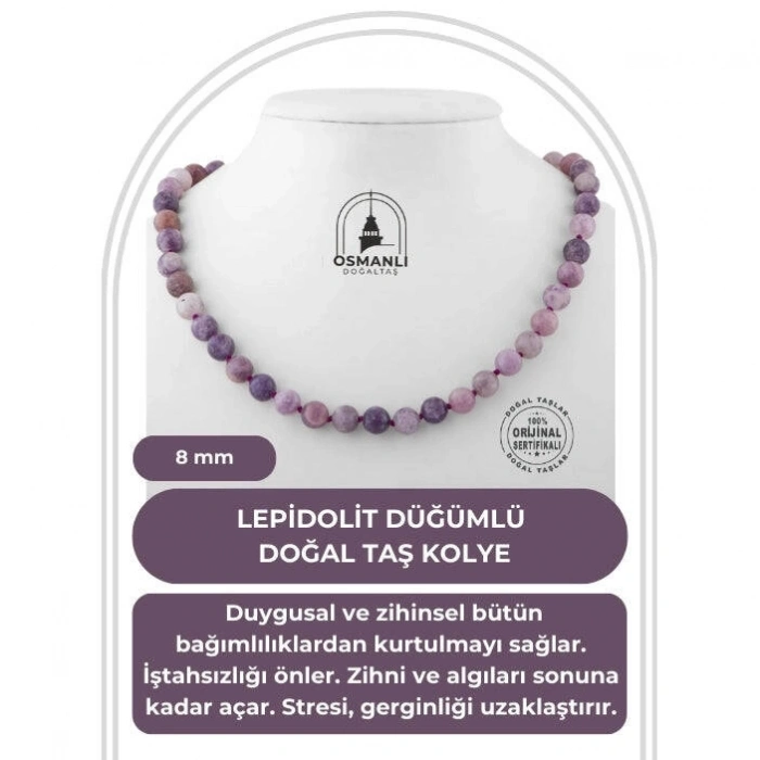 Lepidolit 8 mm Düğümlü Doğal Taş Kolye