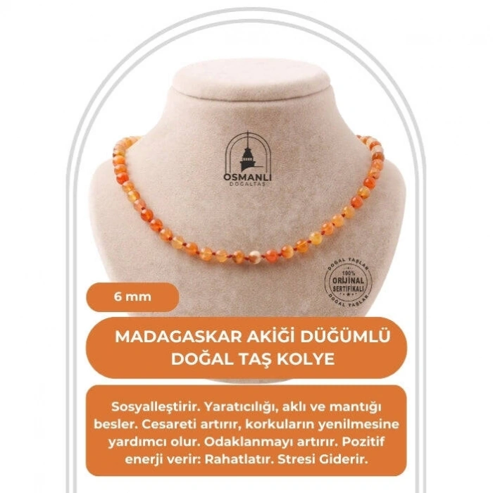 Madagaskar Akiği 6 mm Düğümlü Doğal Taş Kolye