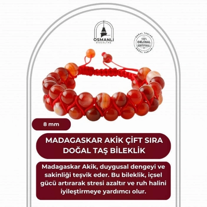 Madagaskar Akiği 8mm Çift Sıra Makrome Doğal Taş Bileklik
