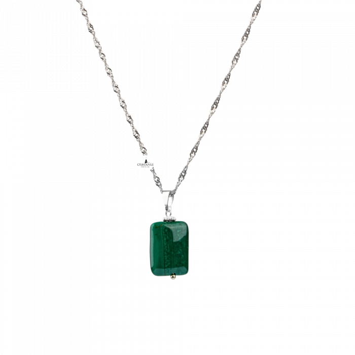 Malakit Doğal Taş Gümüş Zincir Kolye