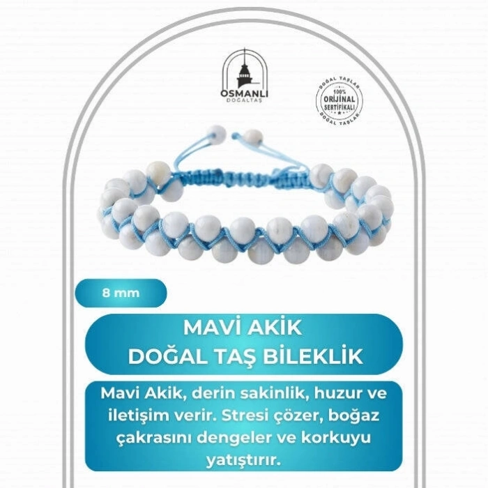Mavi Akik 8mm Çift Sıra Makrome Doğal Taş Bileklik