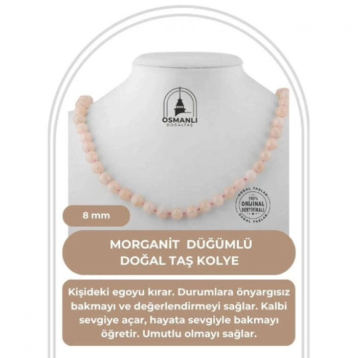 Morganit 8 mm Düğümlü Doğal Taş Kolye