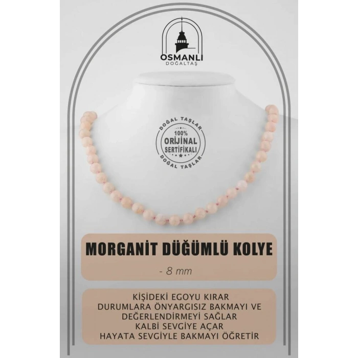 Morganit 8 mm Düğümlü Doğal Taş Kolye