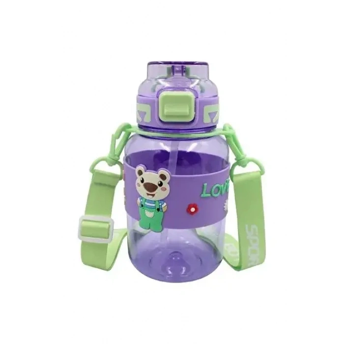 Noki Kids Su Matarası Mor Petg Pipetli Kapak Ayıcık Silikon Kemerli Askılı 800 Ml