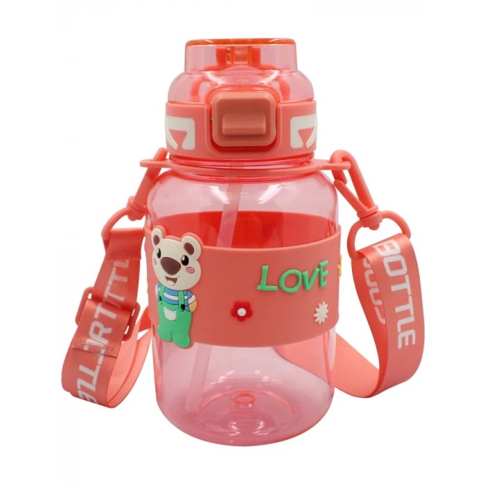 Noki Kids Su Matarası Turuncu Petg Pipetli Kapak Ayıcık Silikon Kemerli Askılı 800 Ml