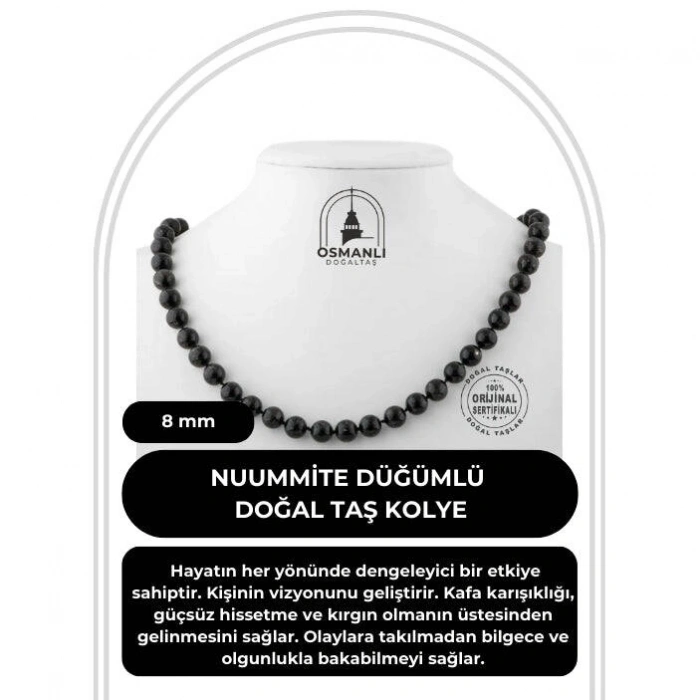 Nuummite 8 mm Düğümlü Doğal Taş Kolye