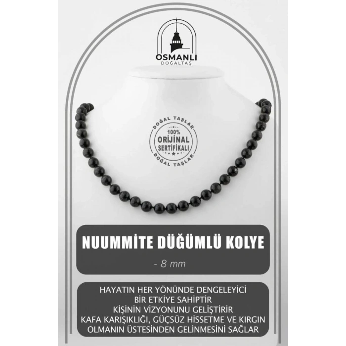 Nuummite 8 mm Düğümlü Doğal Taş Kolye