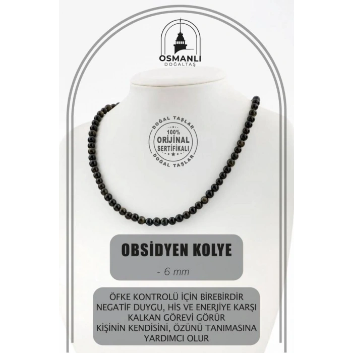 Obsidyen 6 mm Dizi Doğal Taş Kolye