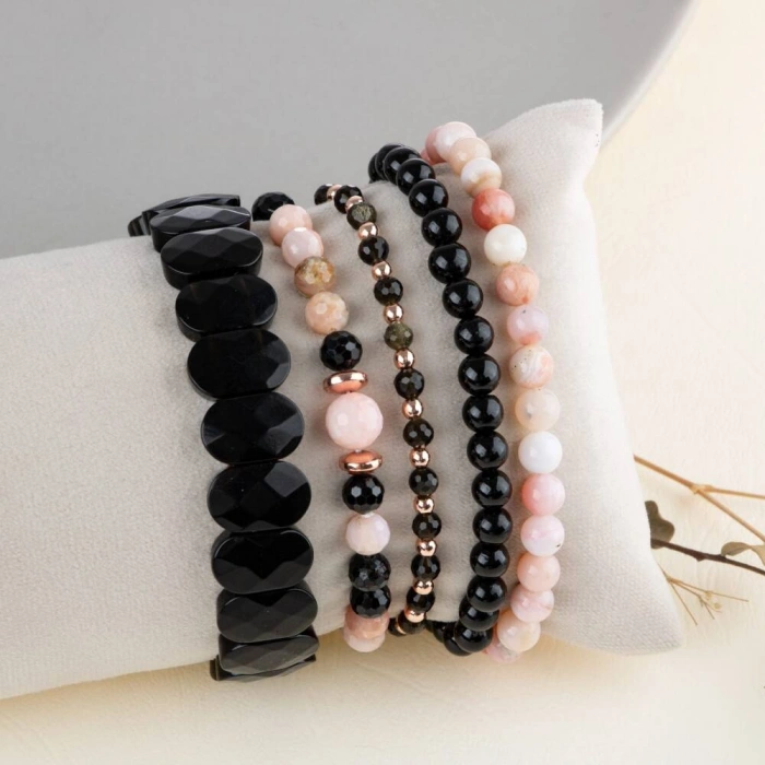 Obsidyen-Pembe Opal-Siyah Turmalin Doğal Taş Kadın Bileklik Seti