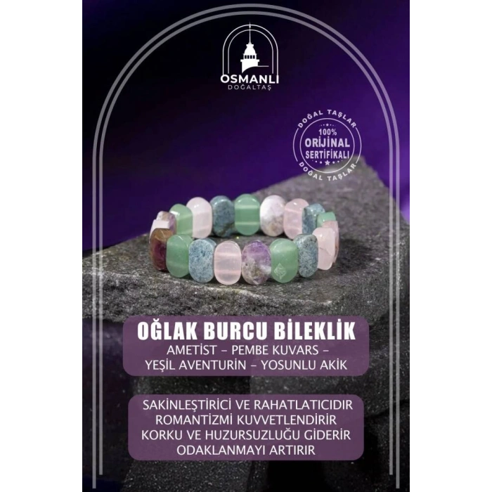 Oğlak Burcu Bileklik Ametist, Pembe Kuvars, Yeşil Aventurin, Yosunlu Akik