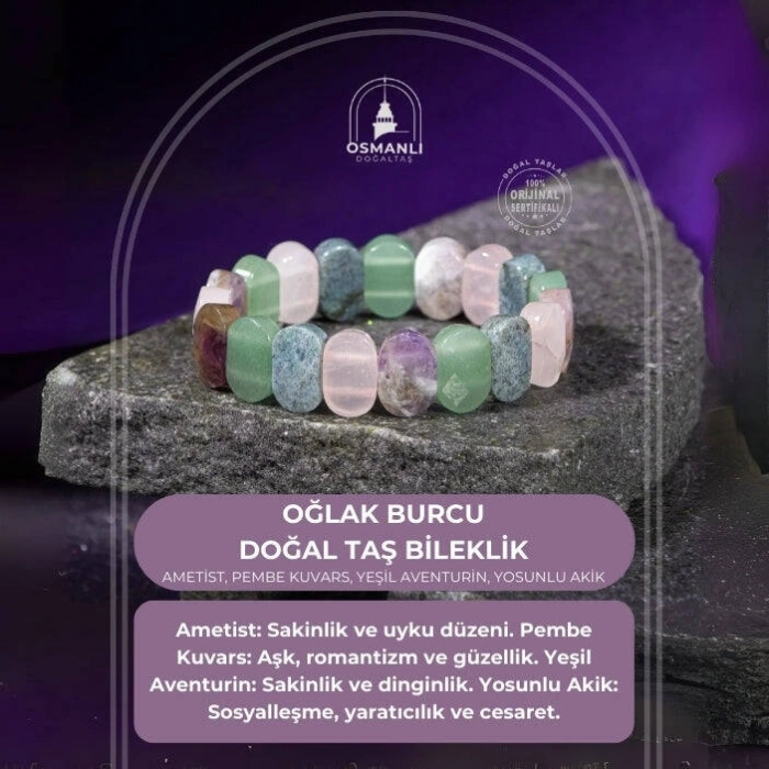 Oğlak Burcu Bileklik Ametist, Pembe Kuvars, Yeşil Aventurin, Yosunlu Akik