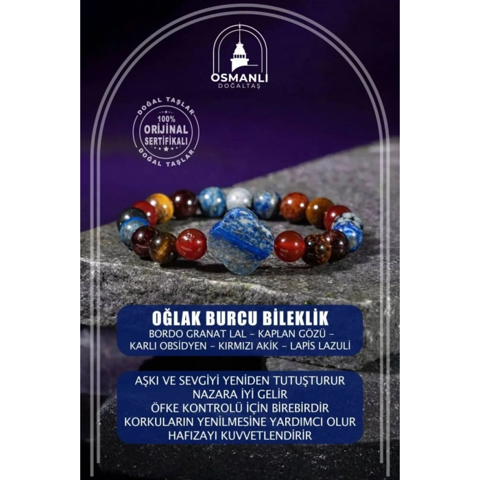 Oğlak Burcu Bileklik Bordo Granat Lal, Kaplan Gözü, Karlı Obsidyen, Kırmızı Akik, Lapis Lazuli