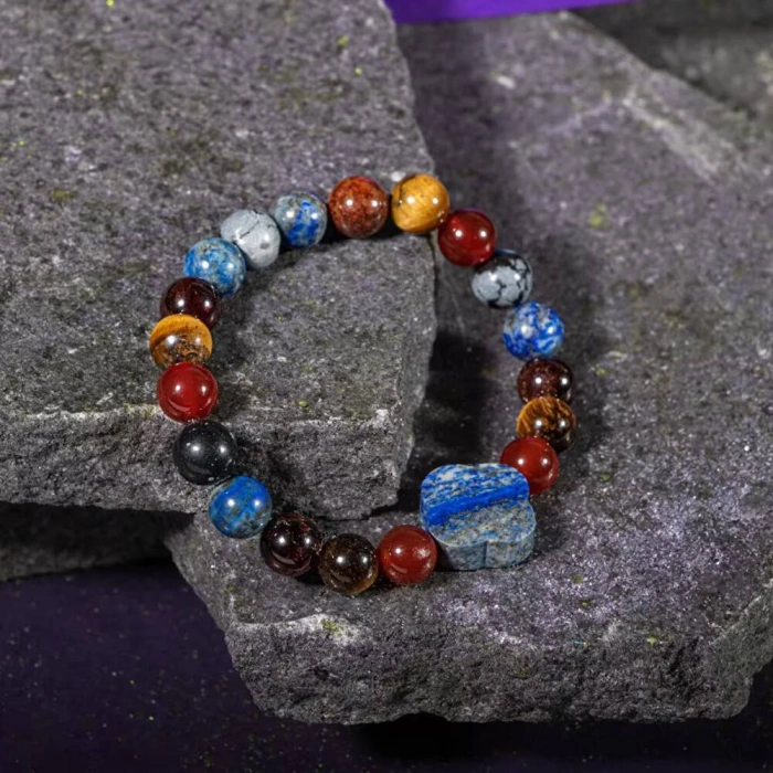 Oğlak Burcu Bileklik Bordo Granat Lal, Kaplan Gözü, Karlı Obsidyen, Kırmızı Akik, Lapis Lazuli