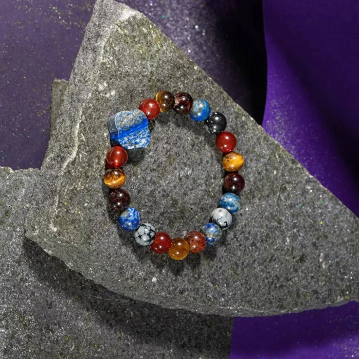 Oğlak Burcu Bileklik Bordo Granat Lal, Kaplan Gözü, Karlı Obsidyen, Kırmızı Akik, Lapis Lazuli