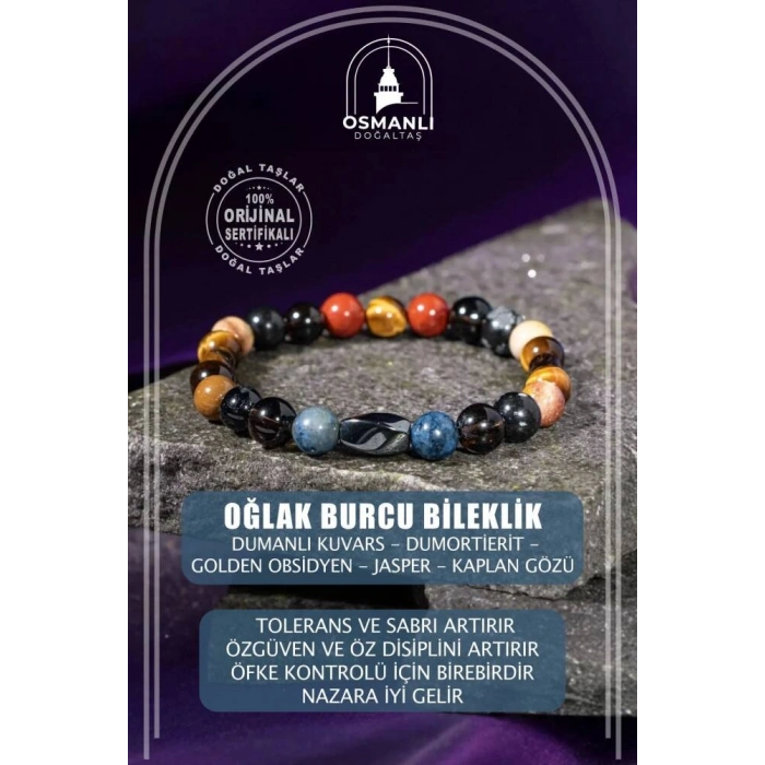 Oğlak Burcu Bileklik Dumanlı Kuvars, Dumortierit, Golden Obsidyen, Jasper, Kaplan Gözü