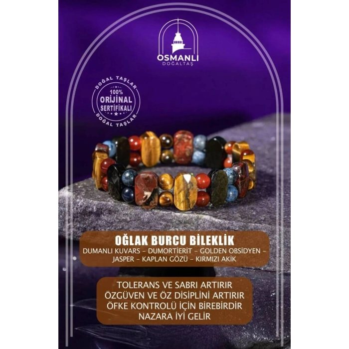Oğlak Burcu Bileklik Dumanlı Kuvars, Dumortierit, Golden Obsidyen, Jasper, Kaplan Gözü, Kırmızı Akik