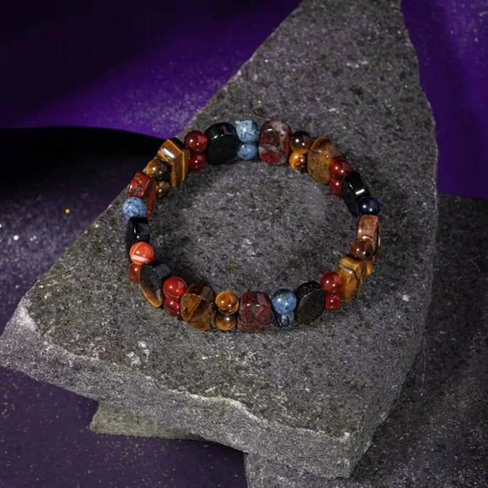 Oğlak Burcu Bileklik Dumanlı Kuvars, Dumortierit, Golden Obsidyen, Jasper, Kaplan Gözü, Kırmızı Akik