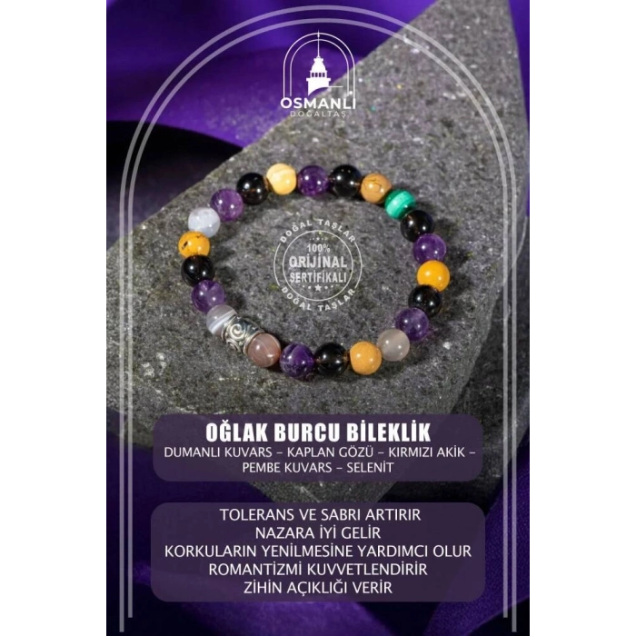 Oğlak Burcu Bileklik Dumanlı Kuvars, Kaplan Gözü, Kırmızı Akik, Pembe Kuvars, Selenit