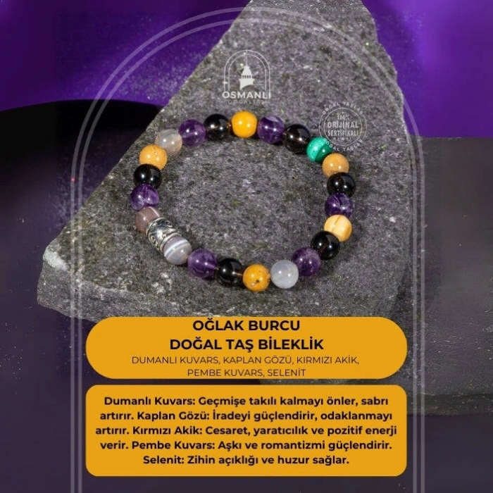 Oğlak Burcu Bileklik Dumanlı Kuvars, Kaplan Gözü, Kırmızı Akik, Pembe Kuvars, Selenit