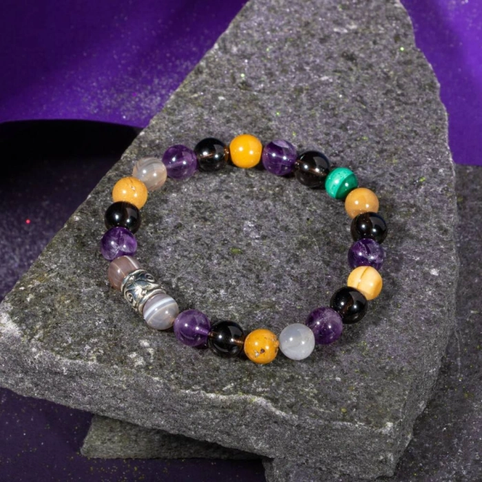 Oğlak Burcu Bileklik Dumanlı Kuvars, Kaplan Gözü, Kırmızı Akik, Pembe Kuvars, Selenit