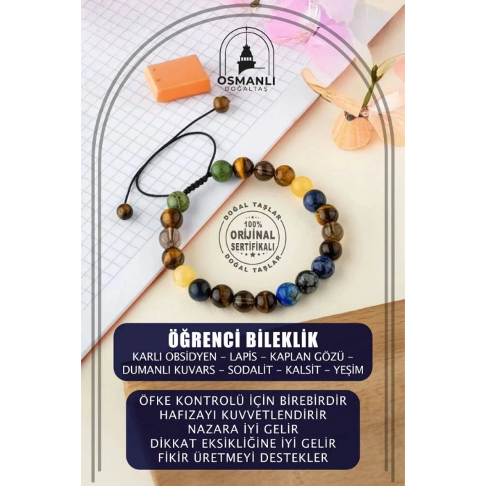 Öğrenci Doğal Taş Bileklik-Karlı Obsidyen-Lapis-Kaplan Gözü-Dumanlı Kuvars-Sodalit-Kalsit-Yeşim