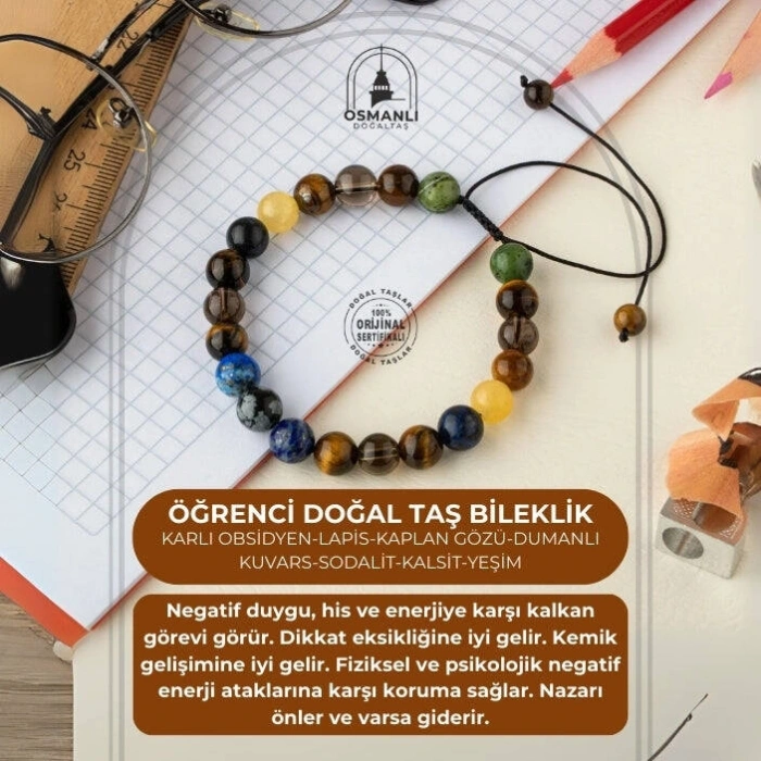 Öğrenci Doğal Taş Bileklik-Karlı Obsidyen-Lapis-Kaplan Gözü-Dumanlı Kuvars-Sodalit-Kalsit-Yeşim