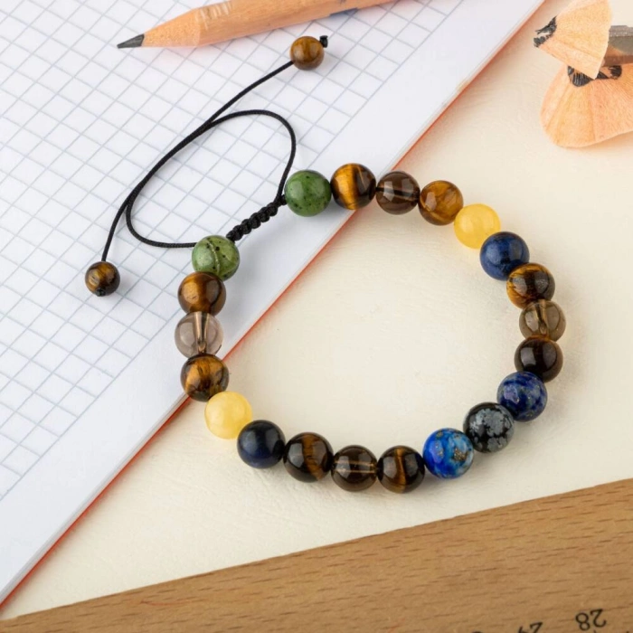 Öğrenci Doğal Taş Bileklik-Karlı Obsidyen-Lapis-Kaplan Gözü-Dumanlı Kuvars-Sodalit-Kalsit-Yeşim