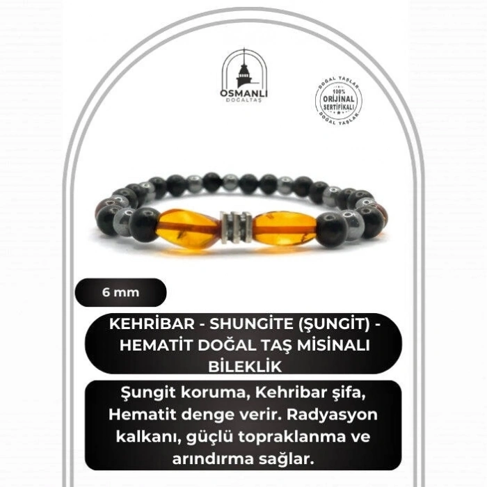 Orijinal Hakiki Kehribar - Shungite (Şungit) - Hematit Doğal Taş Misinalı Bileklik 6mm