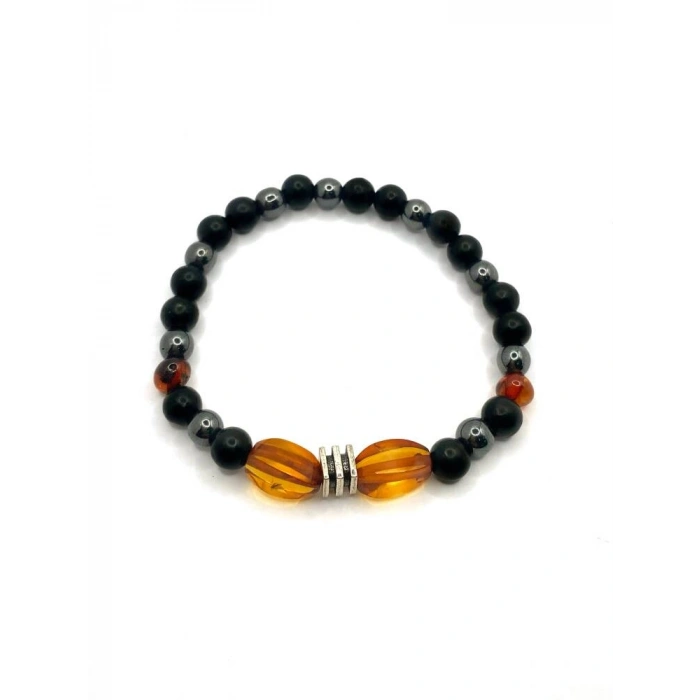 Orijinal Hakiki Kehribar - Shungite (Şungit) - Hematit Doğal Taş Misinalı Bileklik 6mm