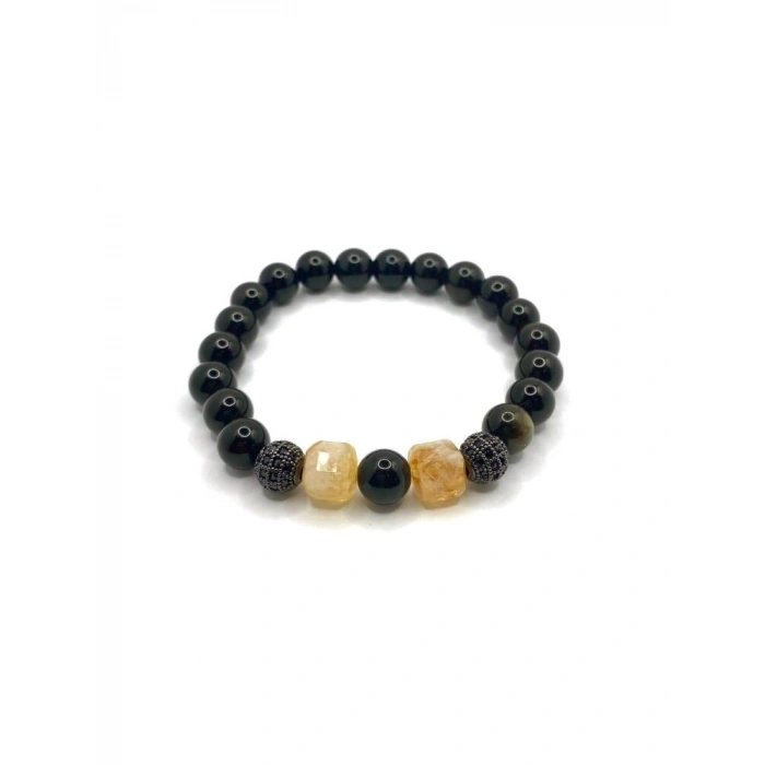 Orijinal Hakiki Sertifikalı Sitrin - Obsidyen Siyah Zirkon Doğal Taş Bileklik 8mm