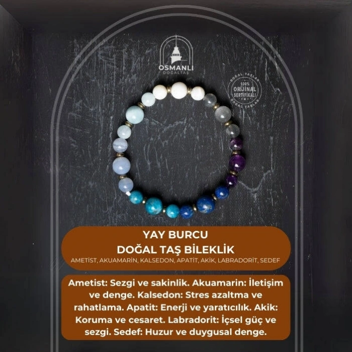 Osmanlı Doğal Taş Sertifikalı Yay Burcu Doğal Taş Bileklik