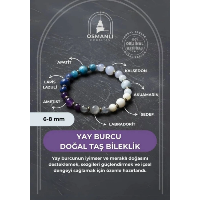 Osmanlı Doğal Taş Sertifikalı Yay Burcu Doğal Taş Bileklik